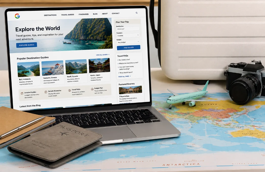 Travel blog with destination guides, FAQs, and itinerary content open on a laptop screen.