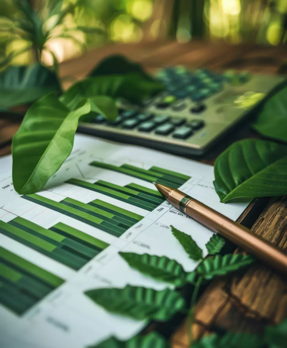 Printed revenue charts and a calculator on a wooden desk with green leaves for hotel pricing analysis in Costa Rica.
