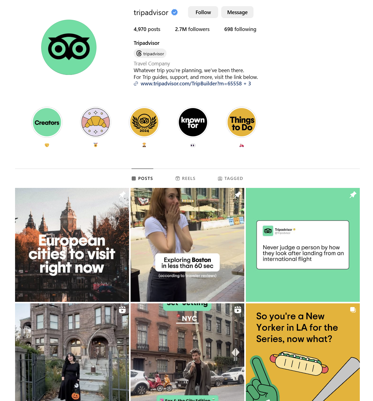 Screenshot of a travel agency using social media to promote web content.