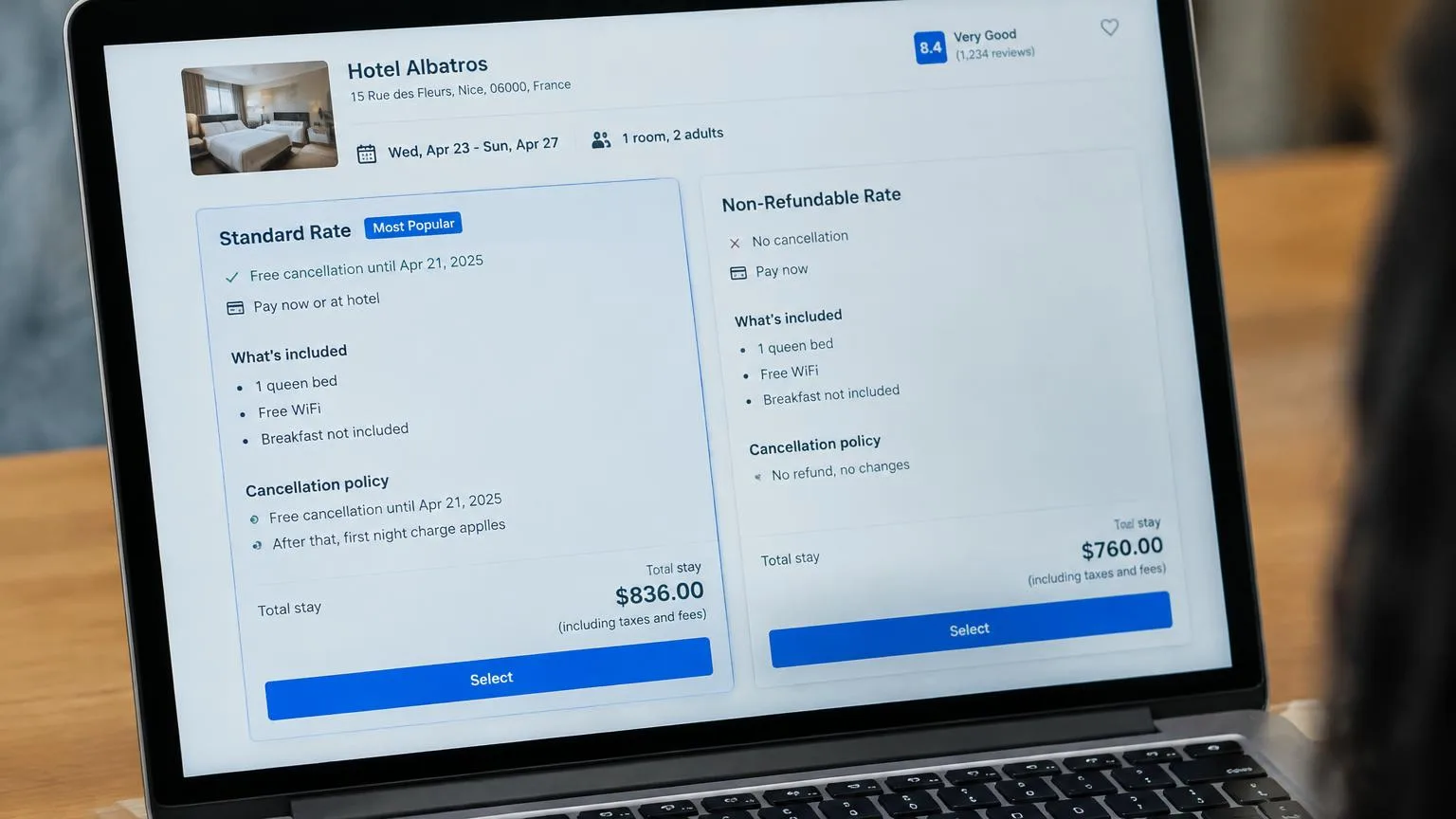 Hotel booking results show total stay price, taxes, fees, cancellation terms, and payment options for two rates.