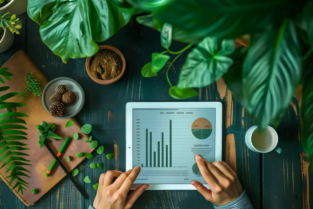 Owner reviewing demand and revenue charts on a tablet surrounded by tropical plants in a Costa Rica hotel workspace.