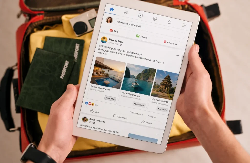 Retargeting ads for hotels and tours appearing while a traveler browses social media online.
