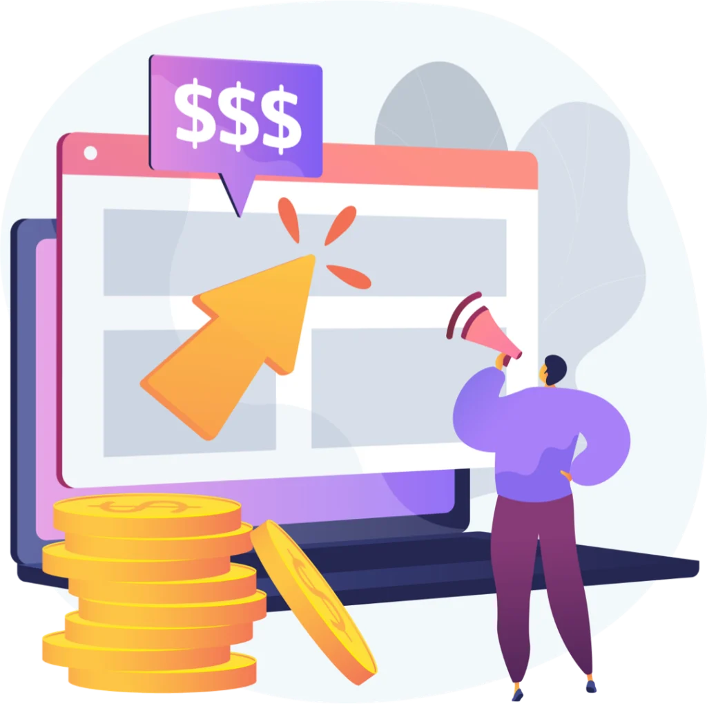 Digital ads and revenue growth with coins and click icon used to represent hotel marketing performance results.