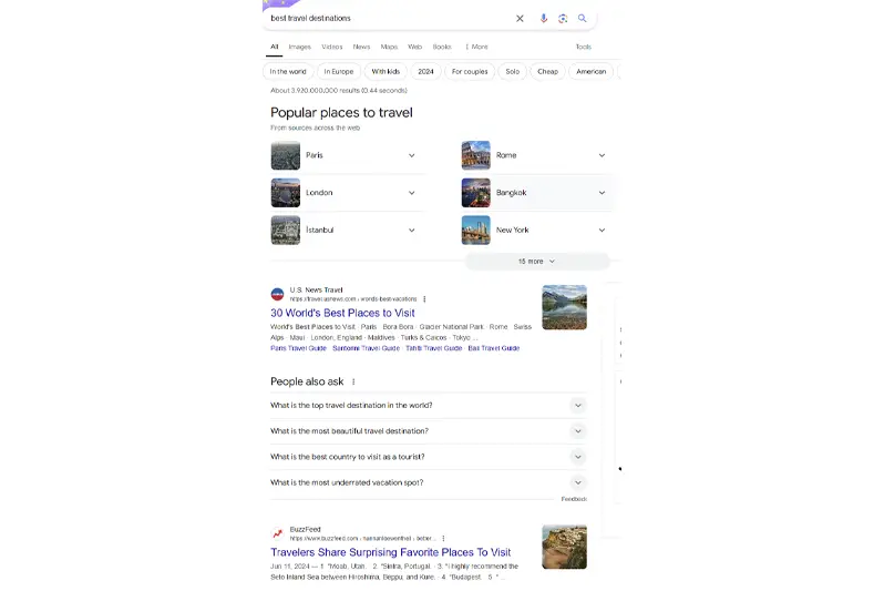 A screenshot of a Google search displaying common keywords used in SEO for travel.