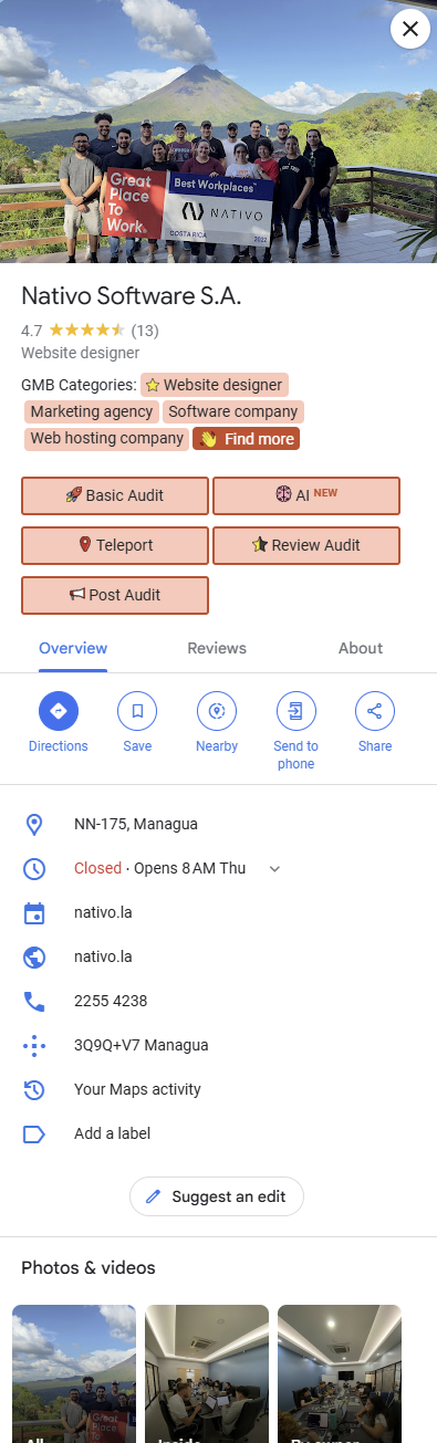 Google Business Profile setup example for effective SEO for travel agencies.