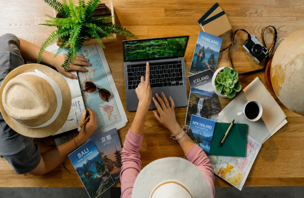 Travel brand combining printed brochures with digital marketing campaigns and QR codes.